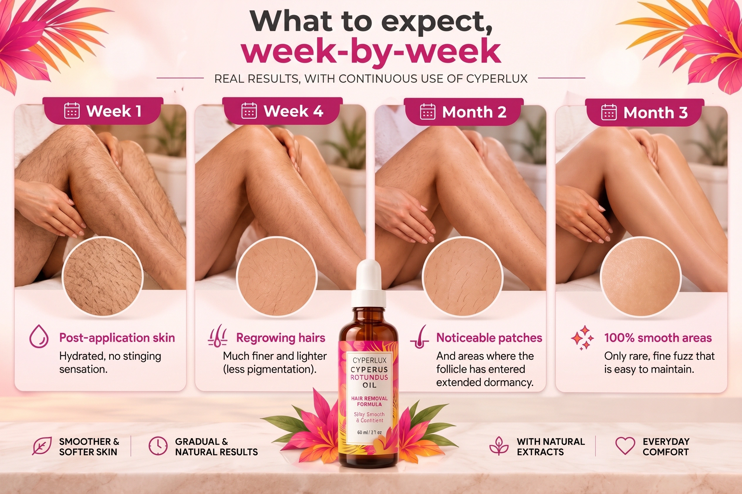 Timeline with Cyperlux: week 1, week 4, month 2 and month 3, from freshly cared-for skin to hair-free areas